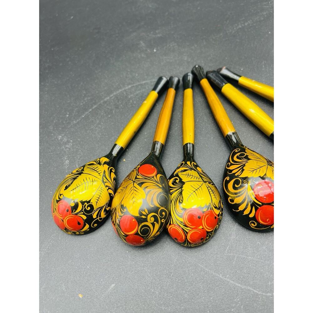 Khokhloma Russian Folk Art Hand Painted Spoons Red Gold Black Set Of 6 - Picture 4 of 7